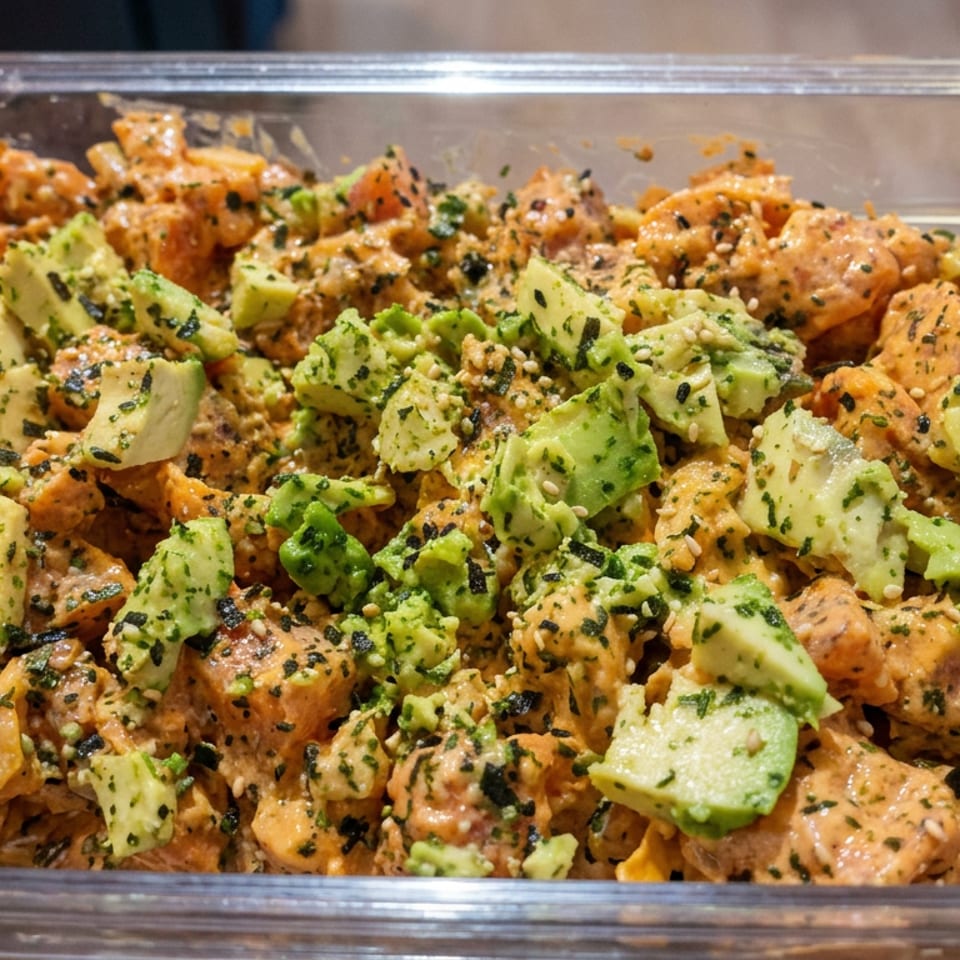 Creamy orange-coated chicken pieces topped with avocado, sesame seeds, and seaweed flakes in a clear serving tray.