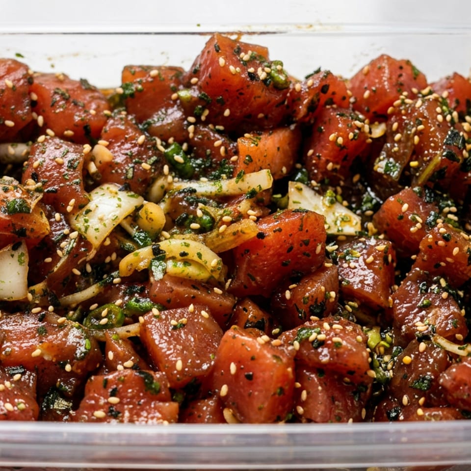 Container of seasoned cubed watermelon salad with sesame seeds, herbs, onions, and jalapeño slices.