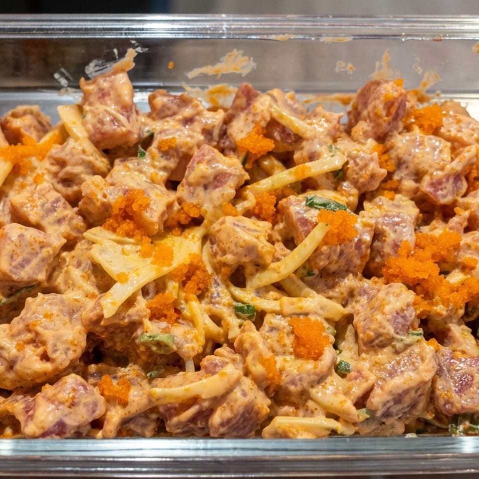 Creamy chopped tuna salad with orange fish roe, shredded vegetables, and herbs in a clear rectangular container.